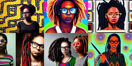 symmetry!!! a young black girl with a colorful dreadlocks and glasses, hands not visible, pretty Alison Brie serial killer holding bloody knife in right hand, james holden from the expanse book series, braided, shown in an art gallery format, portrait of redhead woman