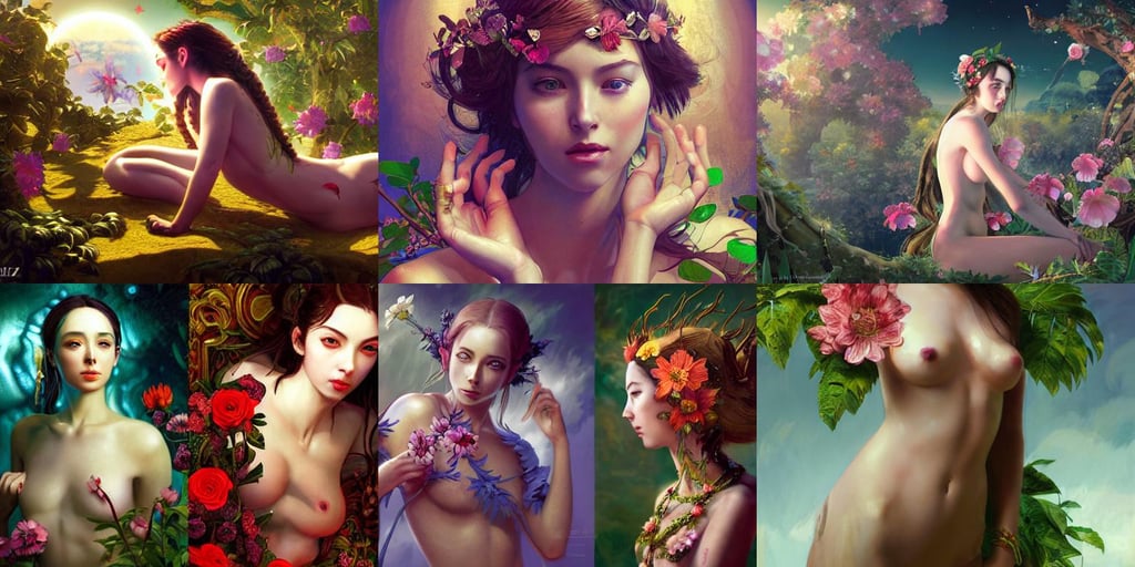 adam and eve, Ross tran, artist interpretation, no man's sky, lush flowers intricate jewellery, gorgeous Kacey Rohl, in the style of Yoshitaka Amano, by federico de madrazo y kuntz, strudels and birthday presents all around, digital art dynamic dramatic lighting