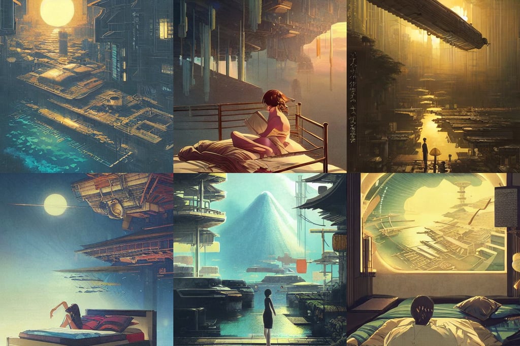 a modern japanese lost city, cozy bed, golden ratio!!!!!, middle part hairstyle, printerest, anime art, pixar animation style, ocean sprites, realistic shaded lighting poster by greg rutkowski, surrounding a futuristic japanese cyberpunk bladerunner silk screen by utagawa yoshiiku