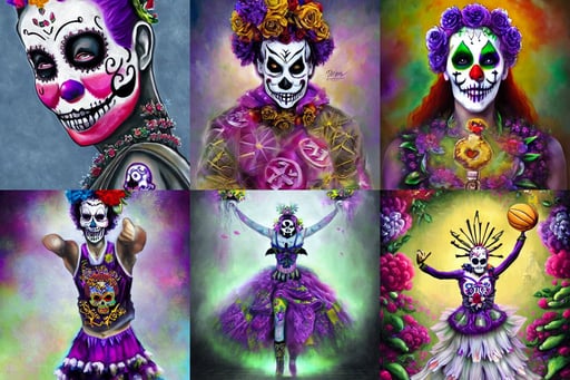 an insane clown, beautiful design, ( el dia los muertos ), flower tiara, deviantart, fitness, mist, by thomas kinkade, in los angeles lakers basketball jersey, presenting the balance scale of justice, Digital painting