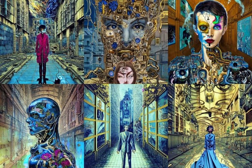 a wide open courtyard in an ominous city for evil overlords, social realism, art by salvador dali, half android with a head opening exposing circuitry, hyper realistic portrait, by Nebezial!!!, flowers. baroque elements, cinematic studio light, blue and gold color scheme, art by shintaro kago and carne griffiths, full of details