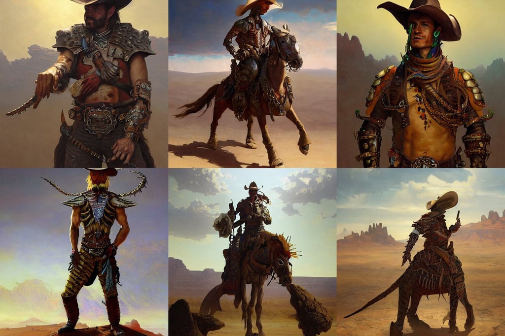 Anthropomorphic lizard warrior, wearing cowboy outfit. portrait, head and upper body, bright art masterpiece, 8 k, sharp high quality artwork, high detail, dramatic lighting, gorgeous desert view, painted by greg rutkowski, painted by jeremy mann, painted by alphonse mucha, painted by tooth wu, painted by ruan jai