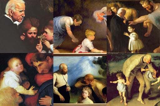 joe biden sniffing kids hair, supernova, art by Michelangelo Merisi Da Caravaggio, art by Claude Monet, art by Joseph-mallord William Turner, symmetrical