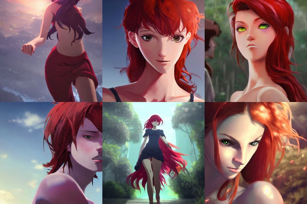 portrait of european female humanoid, determined expression, crimson hair, colossus, high - definition, highly detailed realistic face, handsome gay guys around, volumetric lighting. At background is luxury hall with soft lighting by Makoto Shinkai, James Paick