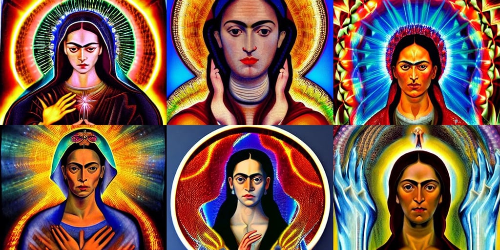 virgin mary icon , volumetric lighting, Alex Grey, art by Sir Peter Paul Rubens, art by Magdalena Carmen Frida Kahlo Claderón, art deco, wide-eyed, exposed red and blue wires on arms, art by Magdalena Carmen Frida Kahlo Claderón, he has two scalpels made of laser-light in his hands