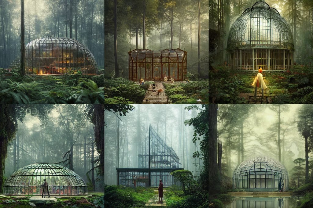 surreal magical Art Deco isometric forestpunk glasshouse, ultra realistic, movie scene, photo realistic, portrait by Greg Rutkowski, character creation, hd 8k, art by Caspar David Friedrich, dark, photorealistic, makoto shinkai, art by Caspar David Friedrich