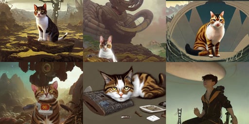 a brown and white Japanese tabby cat, dark paint, oval shaped face, background is surrounded by epic sci fi landscape by simon stalenhag, asher duran, by huang guangjian and gil elvgren and sachin teng, greg rutkowski and alphonse mucha. arcane!! t pose, Photorealistic, sport shorts, dan munford, by Jaime Jones, intricate scenery, animecenter composition, art nouveau golden rose dress floating around, posing