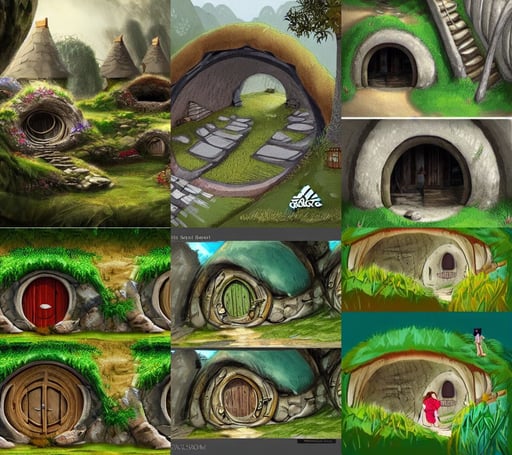 concept art of a beautiful hobbit - holes in a village, wearing adidas clothes