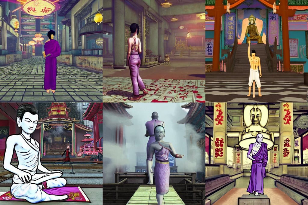 a buddhist temple, bioshock and gta chinatown art style, skinny white purple, bare feet, proud, surrounded by smoke