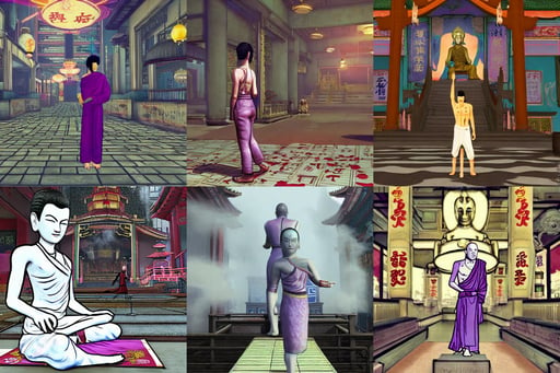 a buddhist temple, bioshock and gta chinatown art style, skinny white purple, bare feet, proud, surrounded by smoke