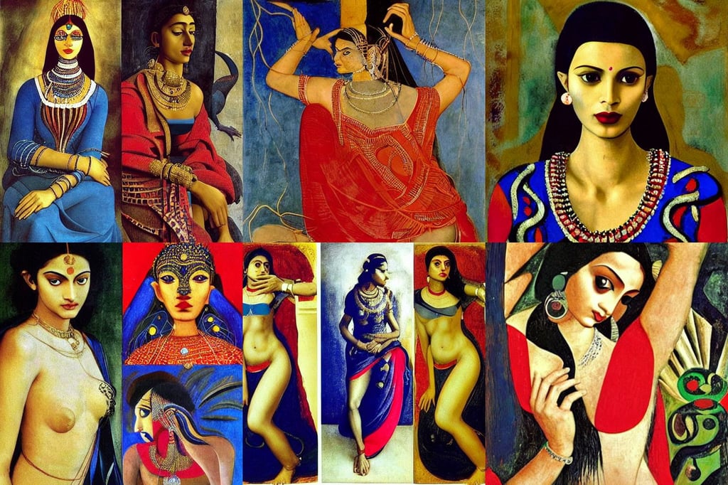 Masterful beautiful indian Female supermodel, magical, fashion, art by Joan Miró, extreme quality, exposed red and blue wires on arms, fashion dress, art by Andrea Mantegna, art by Sandro Botticelli, Animation Concep..., art by Michelangelo Merisi Da Caravaggio, art by Eugène Delacroix, art by Pablo Picasso, a haunting scene, art by Gustav Klimt, art by Pablo Picasso, art by Caspar David Friedrich, art by Claude Monet, art by Édouard Manet, art by Henri Matisse