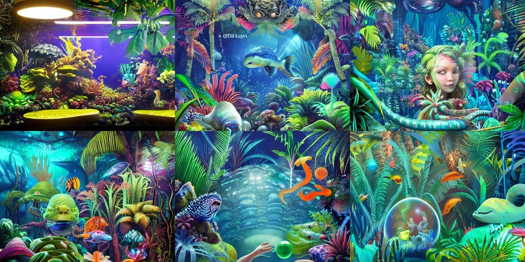 An epic tropical underwater forest jungle, detailed portrait, smooth tiny details, ethereal bubbles, Beam of light, snake scales, by jeff, blue cyborg eyes, by james gilleard, adjacent to a frivolous futuristic neon!!!!!! club, and Yoshitaka Amano, wide chin, painted by james jean