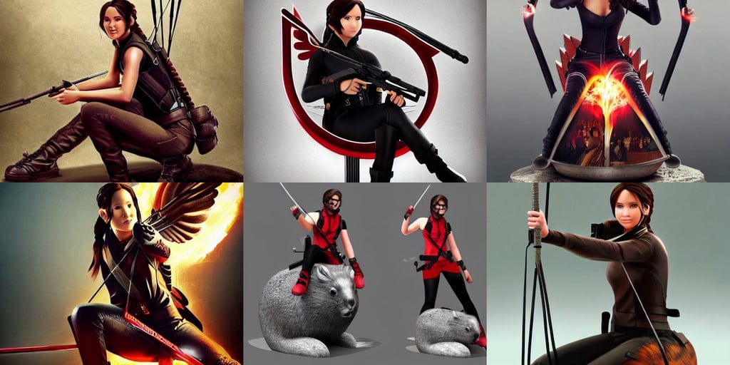 katniss everdeen sits on a giant hamster, full body shot. slender. In the style of artgerm, top light, black bandana mask, red columns, million of likes, hard surface model, white holy aura