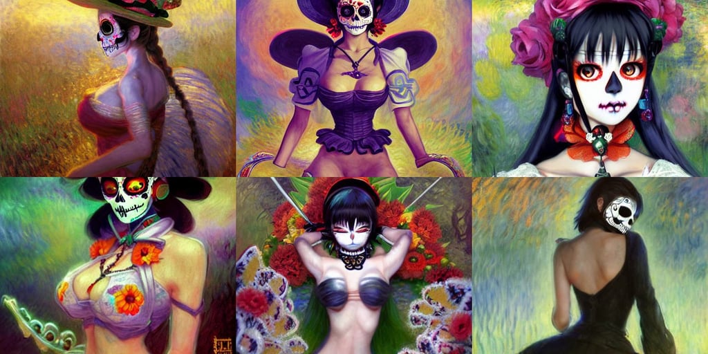 Dia De Los Muertos, quality render style of Masamune Shirow and Tsuaii, art by Claude Monet, elegant, textured skin, art by Joseph-mallord William Turner