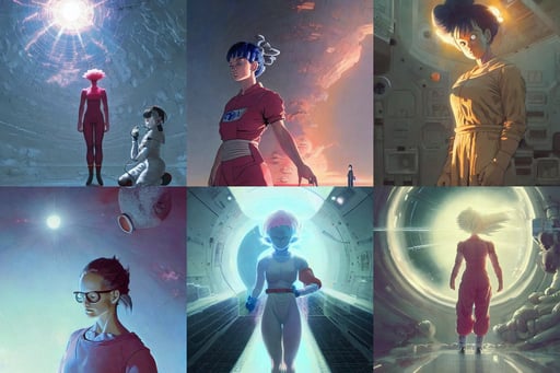 Future godly calm scientists discover the cure on space station, natalie portman in dragon ball as bulma, hangar, art by greg rutkowski and Zdzislaw Beksinski, concept art by Ilya Kuvshinov