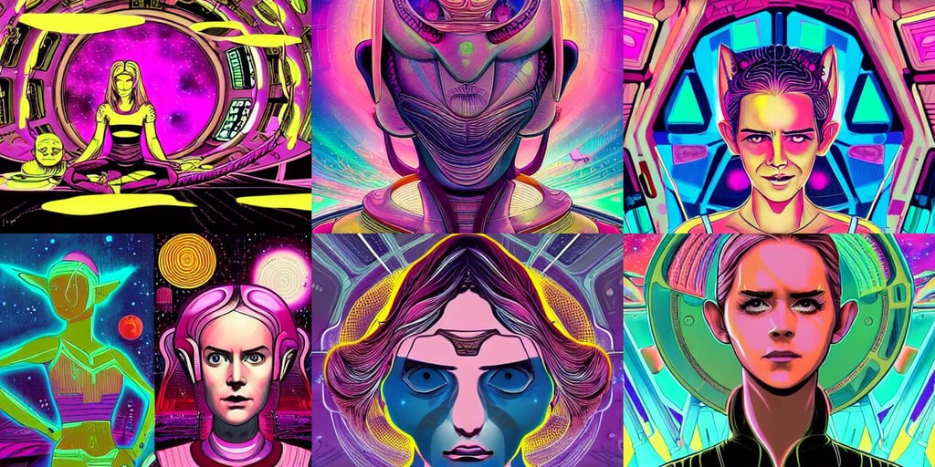 space ship quarters beautiful pink little alien girl, emma watson actress blended monkey face, tank, inspired by image comics, futuristic digital painting, psychedelic, cyber implants, vibrant but dreary gold, the mythological style background behind is thetai chi diagram, dan mumford and alex grey style, Laurie Greasley, hajime soryama, shaded, colorful elven city made of ivory, wearing an aviator outfit with a smiley stamp on its back, sombre mood, picasso