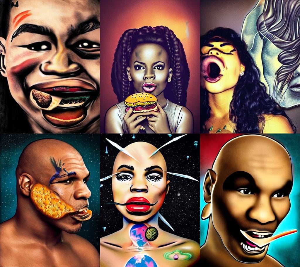 portrait of Mike Tyson eating hamburgers, dark art, magically shaped high - fantasy surrealism, a part in her hair, detailed high resolution, solar sails, tattooed face instagram photo