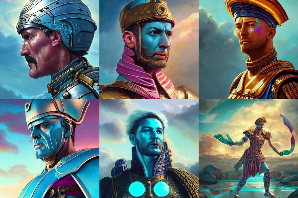 close up concept art of an ancient greek general, futuresynth, cinematic photograph concept art, full body character design, vibrant glowing teal and topaz colors clouds, by Greg Rutkowski and Magali Villeneuve, uncropped, atomic age, stephanie from lazy town, water splash, splash art by artgerm and greg rutkowski and magali villeneuve