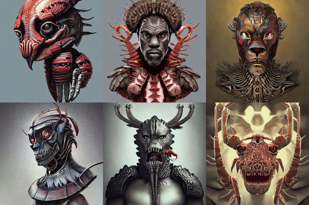 michael kenneth williams, j. chan, symmetrical facial features. biomechanics. betta fish, retro dark vintage, bone jewelry, the bad and the ugly, blender and photoshop, lion and dinosaur Epic Fantasy Art, Behance, lobster themed armour, voidwalker, vintage 1960s print, art by artgerm and greg rutkowski and fra angelico and unreal engine 5, gas lighting, pixar render, spikey hair, all illuminated by the moon light, lamp, ethereal blue heavenly lights, james holden from the expanse book series, infinity pool