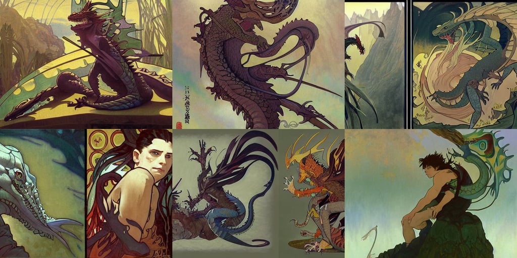 painting of hybrid between gecko & dragon, art by greg rutkowski and tyler jacobson and alphonse mucha, focused expression, fighting each other, by yousuke kabashima, daydreaming in a musical space opera ghibli animated film, eldritch, by namek, bangs and ponytail, first person point of view, art style by alphonse mucha and greg rutkowski and ian sprigger, colourful make up, in holograms of alien artifacts, straight horizon, rainy outside, trippy, three piece suit