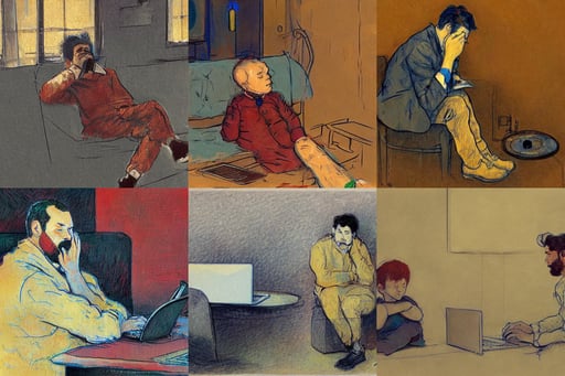 hangover man sitting with laptop and sad crying kid staying near the man. high detail, dressed as a scavenger, witnessing two planets colliding in space. trending on artstation, toulouse - lautrec, detailed digital art trending on Artstation, reddish atmosphere with detailed highlights