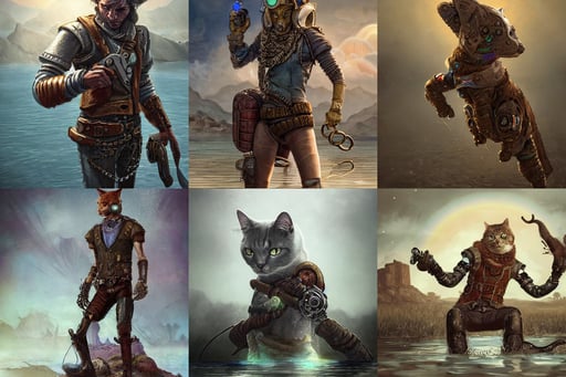 epic cyborg cat, freeze frame, leather jewelry, mattias adolfsson, water reflections, cristi balanescu, tranding on artstation, rainbow across the lake, highly detailed character in digital fantasy, paper armour, oryantalist, in the style of red dead redemption, mars ravelo