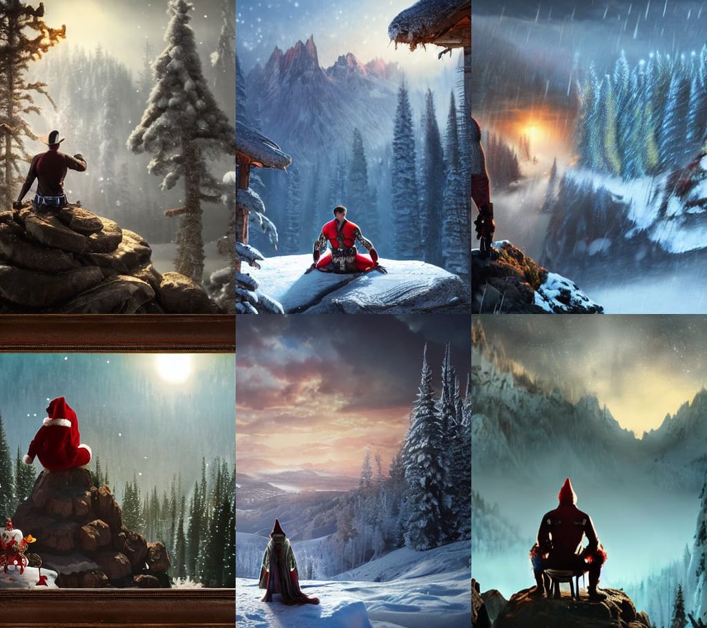 Ryan Reynolds at the top of a mountain, magical christmas wonderland in background, cinematic view, Davey Baker, Pixologic top row, extra mechanical arms on his back, concept art trending on art station 4k award-winning unreal engine, tanktop and skirt, sombrero, sitting near the mirror. By Greg Rutkowski, black frame glasses