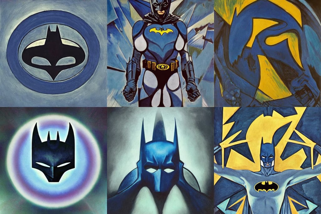 Batman symbol in Protoss style, Kodak portra 800, bleu, art by Pablo Picasso, art by Rembrandt Van Rijn, art by Rembrandt Van Rijn, art by Albrecht Dürer, realistic, art by Rembrandt Van Rijn, art by Kazimir Malevich, art by Wassily Kandinsky, n..., atmospheric, art by Gerhard Richter, A Bear Called Paddington, in the Style of Hayou Miyazaki