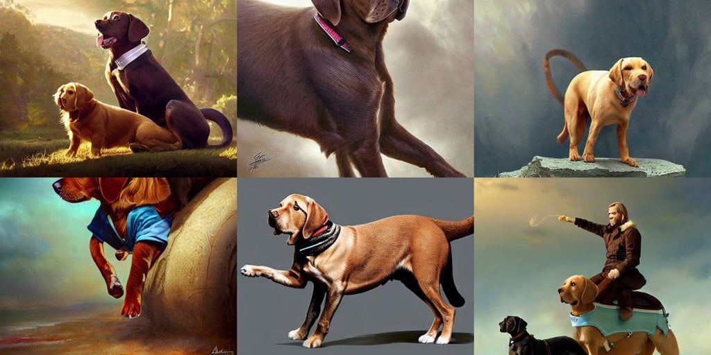 tiny cat riding a labrador, adapted to a drier climate, pearlescent : :, maybelline, James Jean Marc Simonetti, brad pitt, with mustache, hdr rtx. dnd digital art by artgerm and greg rutkowski