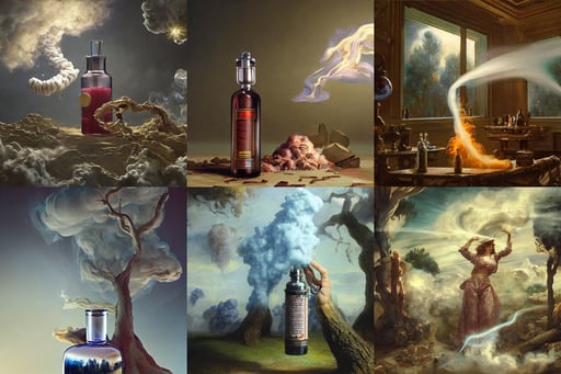 Mystical potion in bottle smoke light, 35mm octane render, American Craftsman Architecture, Brian Sum, art by Eugène Delacroix, Houdini-Render, art by Sir Peter Paul Rubens, outerspace, art by Tiziano Vecellio Di Gregorio, trees, movie scene