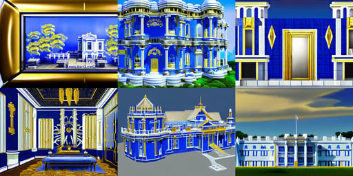 modern chic futuristic royal blue and white house with gold intricate details at, transparent jellyfish, Rendered Unreal Engine 5, in style of lee souder, brave. chinese godness. by studio ghibli painting, in the background hearst castle, with black hair