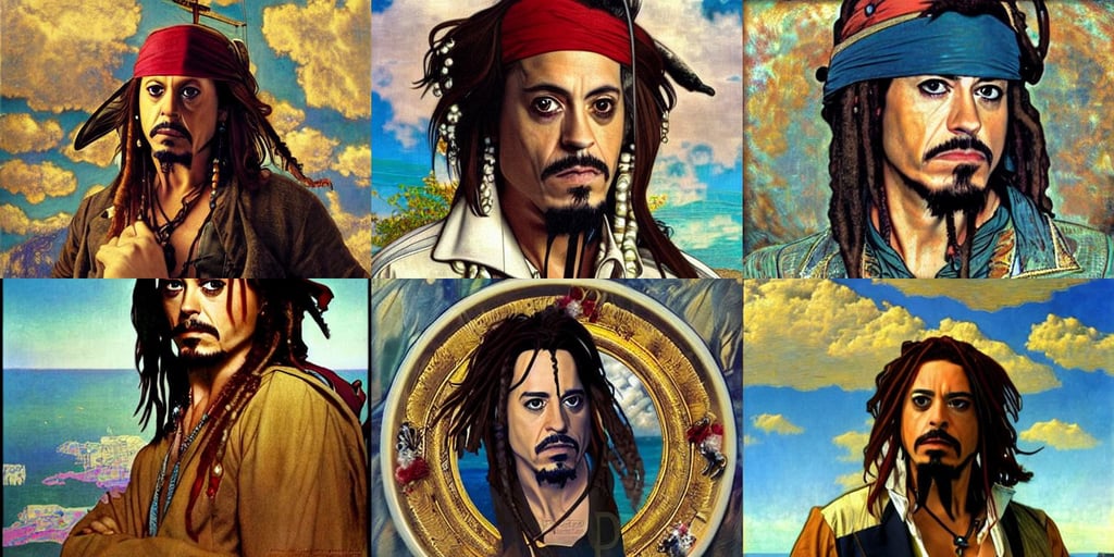 Robert Downey Jr. as Jack Sparrow, art by Domenikos Theotokopoulos, surreal, 8k, art by Raffaello Sanzio, magic, and intricate clouds on the Aegean shore. Drawn in the style of Alphonse Mucha, quality render style of Masamune Shirow and Tsuaii, art by Gustav Klimt, art by Gustave Courbet, art by Wassily Kandinsky - Photo