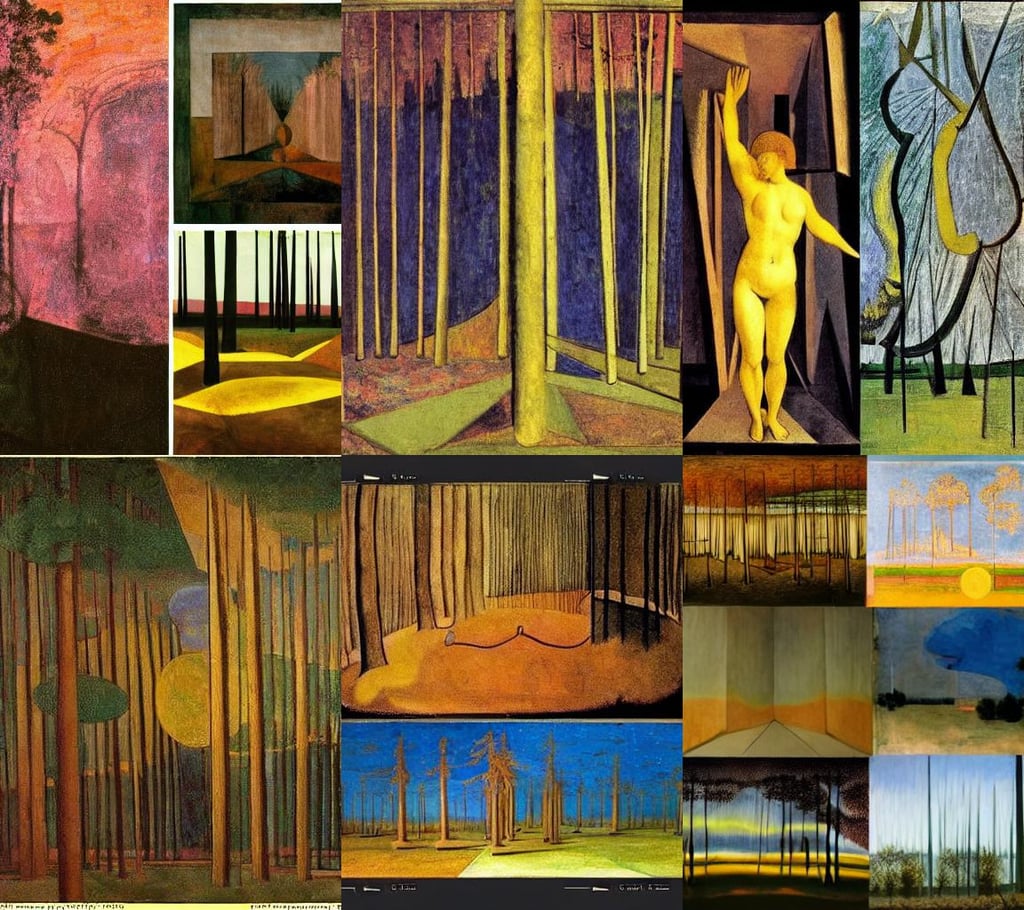 Setting is an empty midnight forest clearing, dreamy, dark yellow and pink tones, art by Pablo Picasso, art by Rembrandt Van Rijn, Light Painting, art by Piero Della Francesca, art by Michelangelo Buonarroti, art by Leonardo Da Vinci