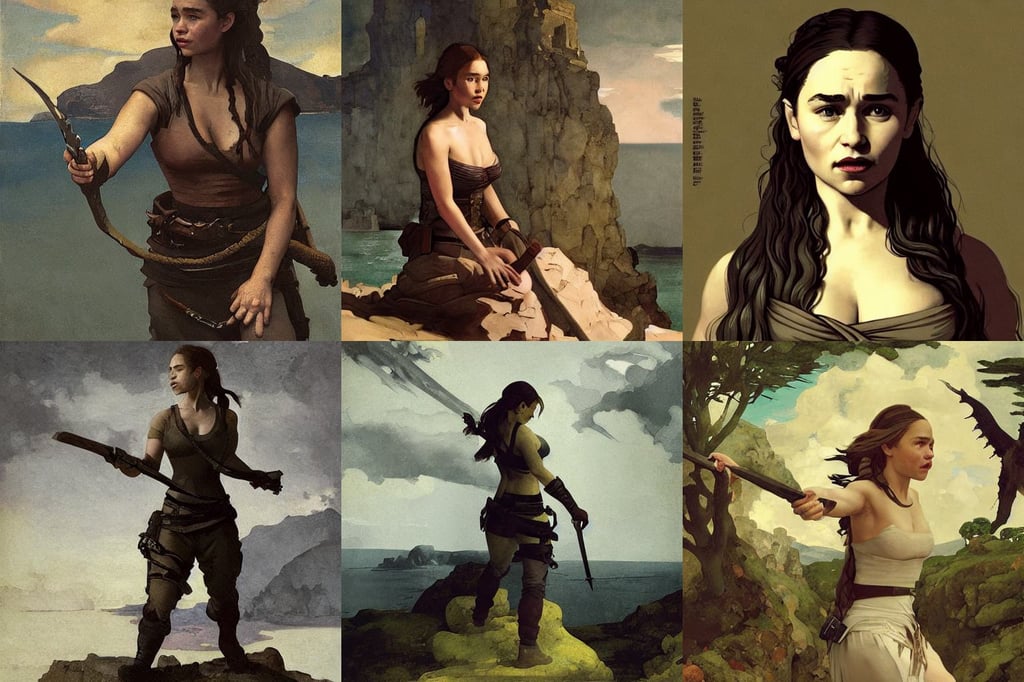 emilia clarke as Lara Croft, mysterious, Filip Hodas, multiple eyes, art by Eugène Delacroix, art by Gustave Courbet, vector illustration, art by Johannes Vermeer, art by Winslow Homer, clever, medieval heraldry