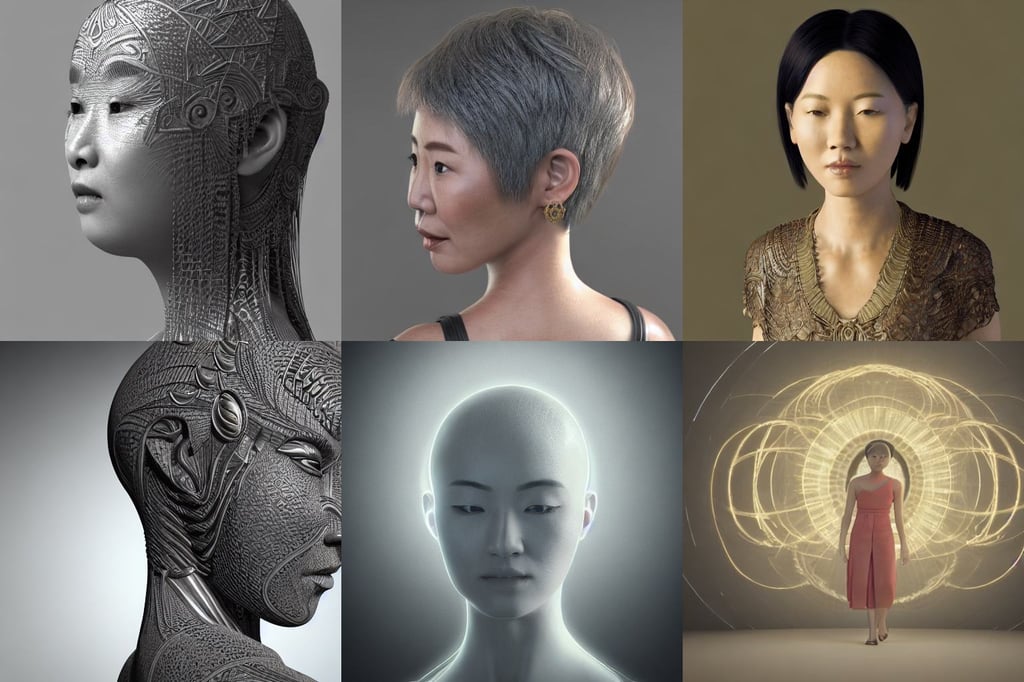 asian woman with short hair walking, halo of light in the head, intricate design, Houdini-Render