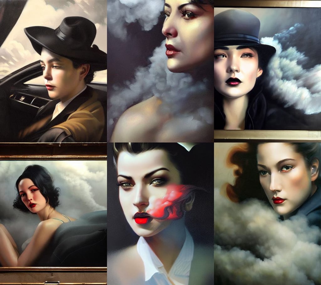 Hyper realistic oil painting of a noir detective in his car, haunting young woman made out of smoke and clouds, by Huang Guangjian and Gil Elvgren and Sachin Teng, white eyes without pupils