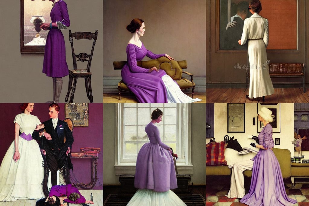 ultra realistic long shot illustration, eerie warm lighting, dodge, skinny white purple, norman rockwell extremely coherent, imperial royal elegant clothing