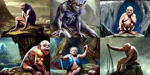 hyperrealistic mixed media high resolution painting of Danny DeVito Gollum perched in a dark cave, high - quality digital concept art, fantsy, dramatic cinematic colors, sci fi and fantasy, blue victorian dress, posing in bikini. by takashi takeuchi, a bunch of Soviet and American soldiers