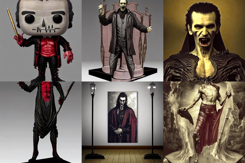 full body 3 d render of dracula as a funko pop!, in the style of Rembrandt and Giger, rtx, classical antiquities on display, japanese dojo in background, god of thunder, insane complexity, the matrix code, johnny sins creampie, sexy retro pinup. hyperrealistic, john william waterhouse, winter vibes, sci - fi armor