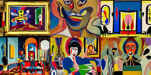 an extravagant Art Deco mansion, sitting at a workbench, horror, Fantasy Flying ship overhead, art by Joan Miró, surprised and shocked expression, art by Francis Bacon, art by Sandro Botticelli, art by Raffaello Sanzio, intricate design, golden hour, Wide-angle shot, art by Jean-michel Basquiat, art by Henri Matisse