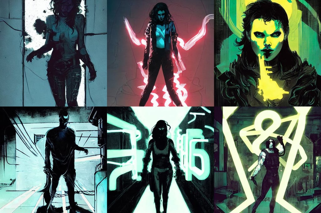 rafael albuquerque comic art, white neon lights, Rabbt_character, black wavy hair, filthy, by Justin Sweet and Greg Rutkowski and Alphones Much