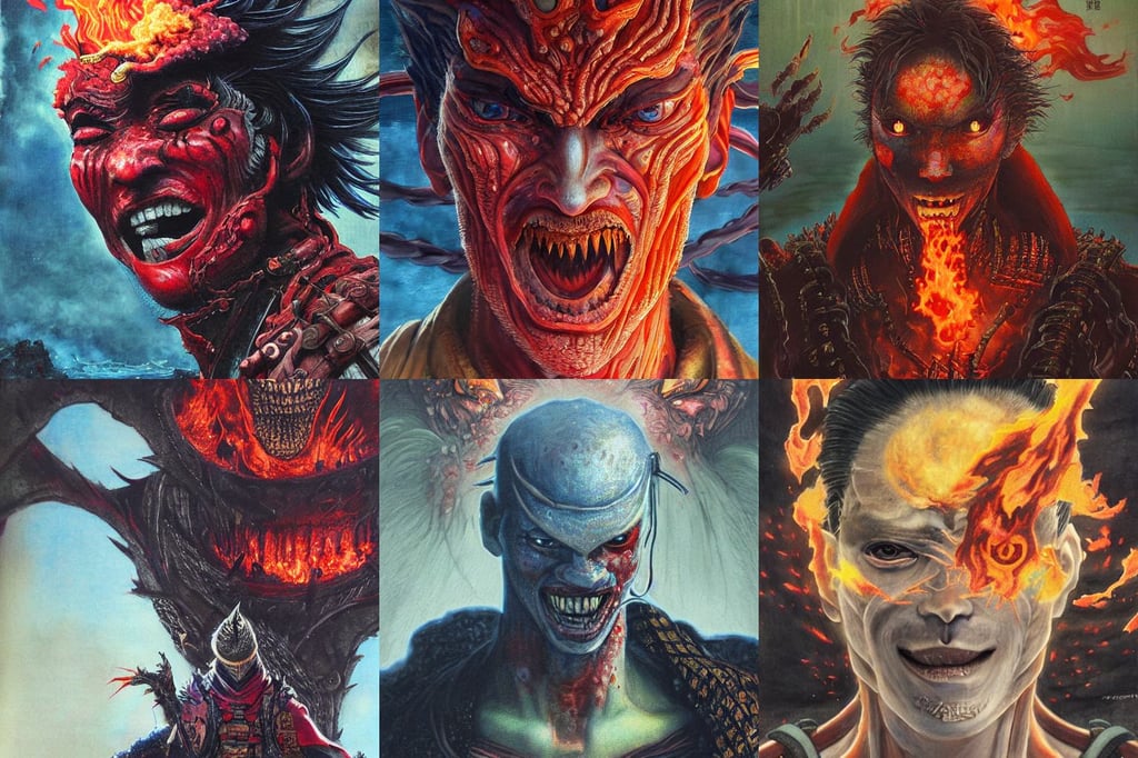 male japanese fire elemental, very detailed painting by Glenn Fabry, bloodborne horror, by Bruce Pennington, moroccan festival, cyberpunk 8 k, stand in the middle of lake, Peter chung, closeup of face, embers, mage, Vogue issue January, pearlescent, servando lupini, smiling mouth