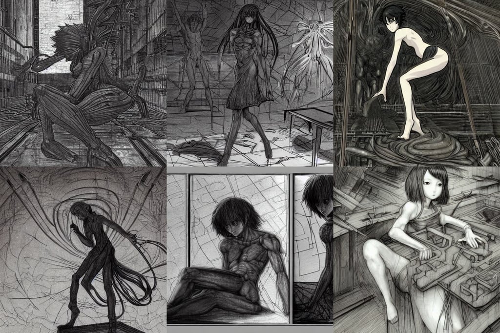 a black void carved into the ground in manhattan, extreme quality, cute anime girl, and Shinkai Makoto, movie scene, art by Leonardo Da Vinci, HR Giger style Da Vinci sketches black and white, sitting at a workbench, art by Nicolas Poussin, Variated Greenery, tempting, and Shinkai Makoto, octane render Madhouse INC, art by Jenny Saville, art by Francisco De Goya, art by Magdalena Carmen Frida Kahlo Claderón