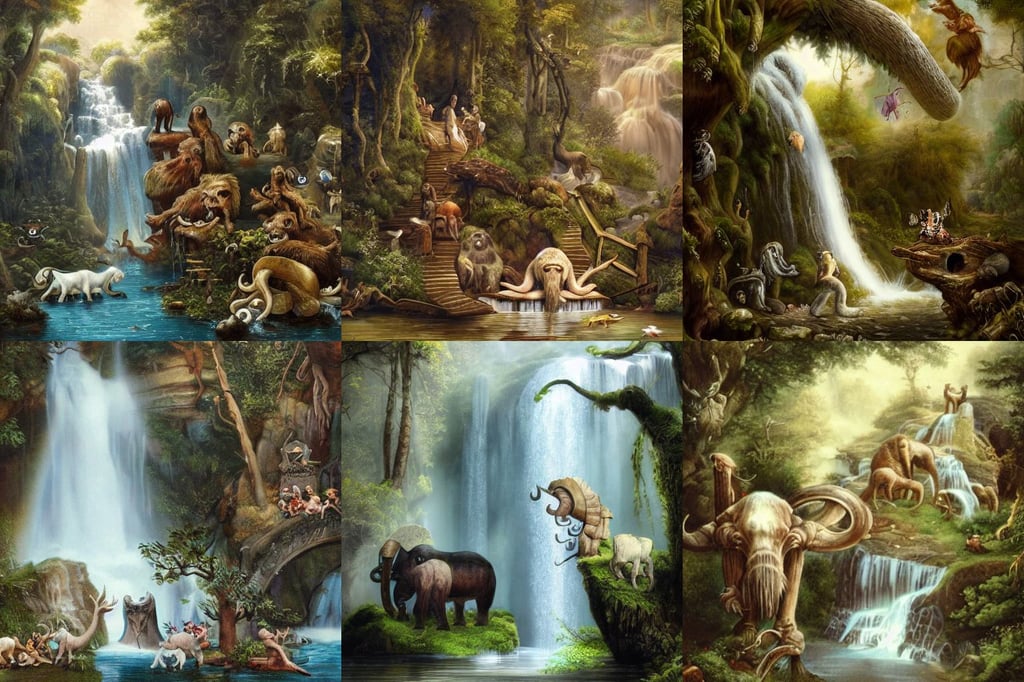 of waterfall by a stream with strange cute friendly happy creatures with huge eyes, mammoth tusks draped over shoulders, lost world, feral, baroque furniture