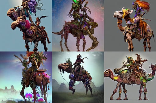 cinematic portrait of psychedelic goblin riding a camel wearing arab clothes, psychedelic lsd, grey background, covered in full iron armor, concept headshot art, Insanely Detailed, transparent, floral! looks like a machine from horizon zero dawn designed by apple, blue roses garden