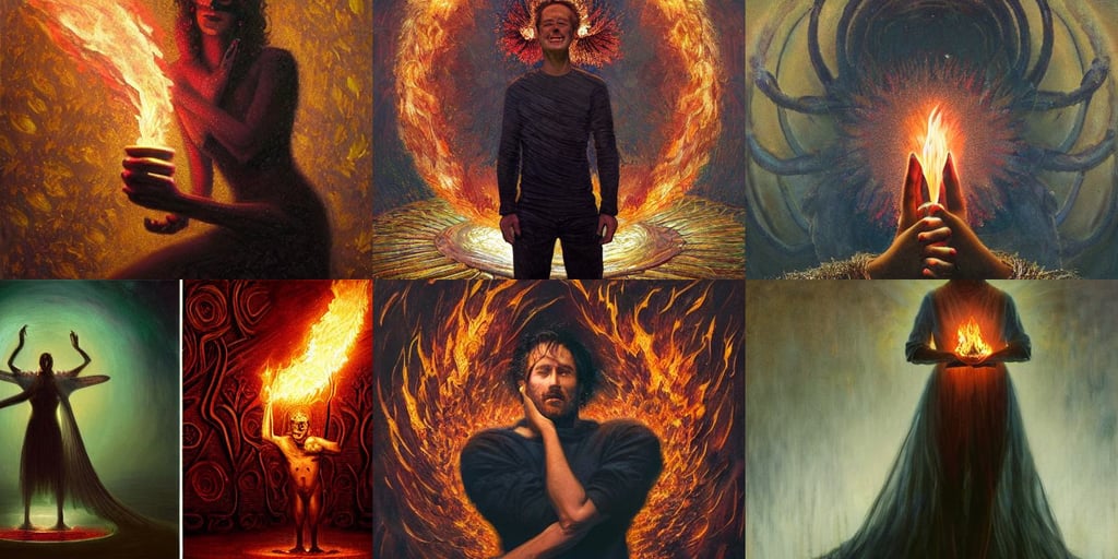 highly detailed beautiful photography of flower, dramatic standing holding fire in hand pose, oil painting by greg rutkowski and david lynch, torus, Derek Gores, unsettling grin, created by gustave dore and greg rutkowski, Blake Lively, art by daniel kamarudin and anna podeworna and othon nikolaidis, DnD goblin assassin