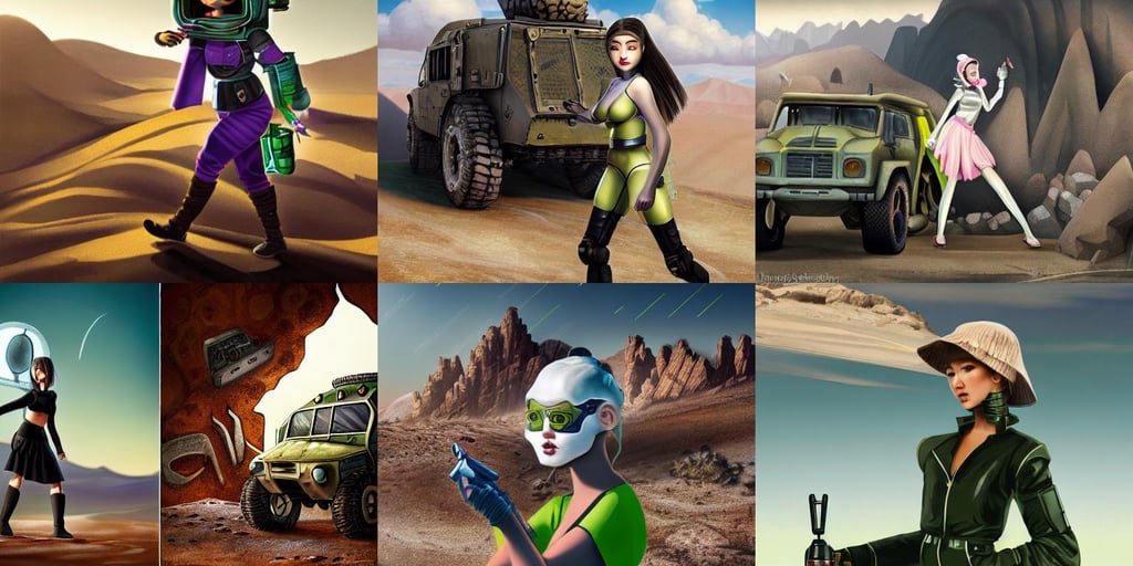 an image of girl repairing an armored vehicle in the desert by Paul Chadeisson, character reference sheet, Taejune Kim, and slender with lime green eyes and long eyelashes by stanley artgerm, beautiful shiny white porcelain rich galactic sheep clowncore russian cyborg college girl, she is walking on a mountain, fashion editorial, art toy