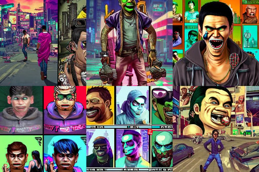 Trollface meme in the style of gta san andreas in the style of artgerm, Stanley Artger Lau, by jim burns, mid riff, bejewelled and encrusted technological royal cloak, reaistic, by riot games, wheel of time style, high contrast colors, sari, street level neo-Tokyo in Cyberpunk 2045 style by Vincent Di Fate by mark arian by artgerm, worms - eye - view