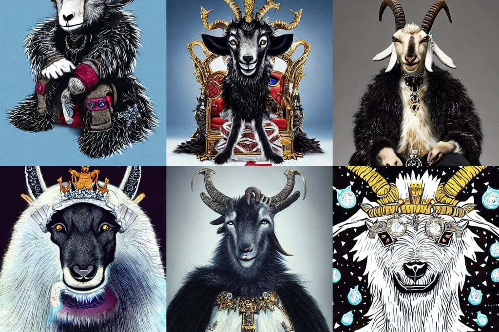 a goat clad in a black wolf's fur coat sitting on a throne with his legs crossed, calvin & hobbes, cold azure hue's, bejewelled and encrusted royalty, illuminated, detailed anime face, runic rings