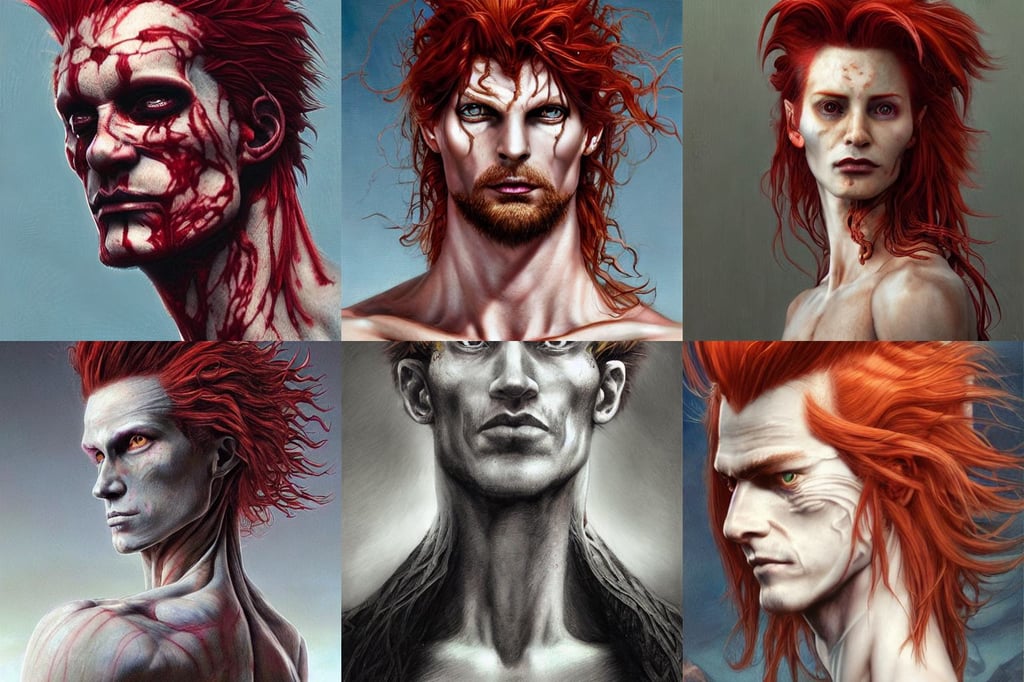 portrait of hisoka tousled medium - length red hair, musculine, with multiple heads, beautiful detailed intricate insanely detailed octane render, evil mood, a long gaunt face and skinny body and neck, perfect face!! intricate, trending onartstation, birds flying, portrait art by donato giancola and greg rutkowski, greg rutkowski extremely detailed, holographic screen in center frame, 4022014538, glowing lights!! intricate elegant, last exile, elegant bridges between towers, art by wlop and greg rutkowski, water splashes, cinematic lighting!!, piano disco ball dance floor neon laser spotlights | digital drawing by thomas cole, lush garden